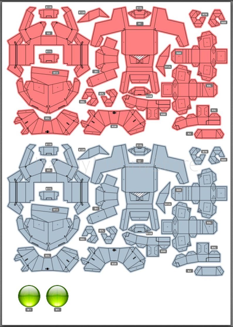 Pu&ograve; includere: Un diagramma di modelli di papercraft rossi e blu, con varie forme geometriche. I modelli sono progettati per essere ritagliati e assemblati in modelli 3D. Due sfere verdi e lucide sono in basso.