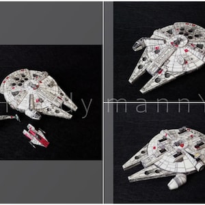 May include: A collection of Star Wars spacecraft models, including the Millennium Falcon, an X-wing, and a smaller red and white ship. The models are white with gray and red details, set against a dark background.