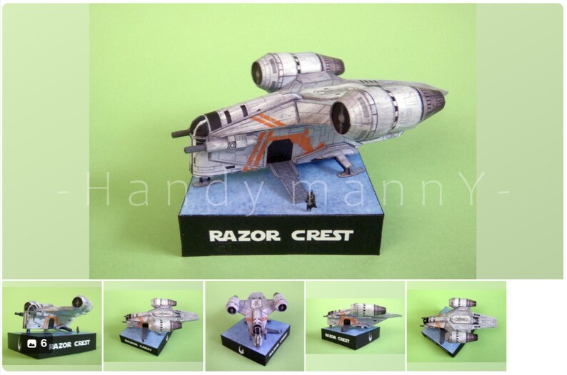 May include: A detailed model of the Razor Crest starship, a spacecraft from a popular science fiction series. The model is primarily gray with orange accents and is displayed on a black base with the text "RAZOR CREST".