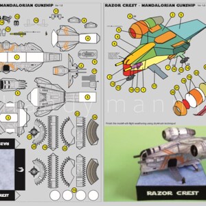 May include: A detailed diagram and a finished model of the Razor Crest Mandalorian Gunship. The diagram shows the parts needed to assemble the model, with labels. The finished model is silver, orange, and blue, and sits on a black base.