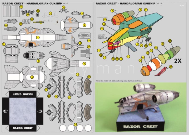 May include: A detailed diagram and a finished model of the Razor Crest Mandalorian Gunship. The diagram shows the parts needed to assemble the model, with labels. The finished model is silver, orange, and blue, and sits on a black base.