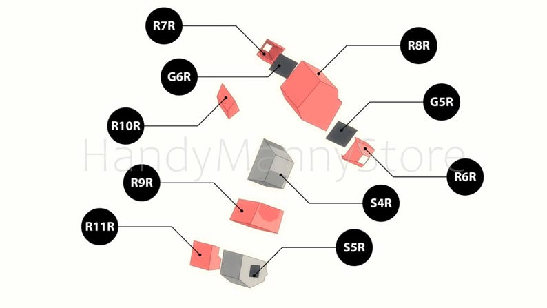 Pu&ograve; includere: Un diagramma esploso di un componente meccanico, con forme geometriche rosse, grigie e nere. Il diagramma include etichette come R7R, G6R, R8R e S5R, con il testo "HandyMannyStore" al centro.