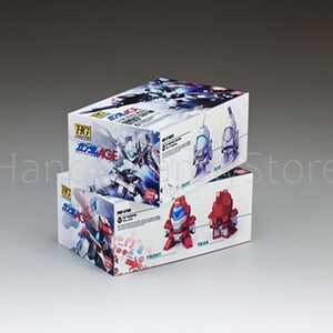 May include: Two stacked white boxes featuring illustrations of robots and text in Japanese. The boxes have the HG logo and the text "Gundam AGE". One box shows a red robot, the other a blue and white robot.
