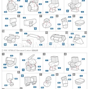 May include: Diagrams illustrating the assembly of a model kit, featuring various geometric shapes and numbered components. The instructions are in Chinese, with labels indicating different types of lines and assembly steps. The kit appears to be a Gundam model.