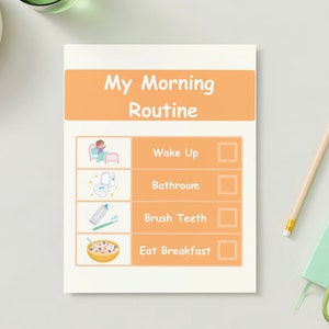 Puede incluir: Una lista de verificación imprimible para que los niños la usen como rutina matutina. La lista de verificación incluye cuatro tareas: despertarse, ir al baño, cepillarse los dientes y desayunar. Cada tarea tiene una ilustración correspondiente y una casilla de verificación.