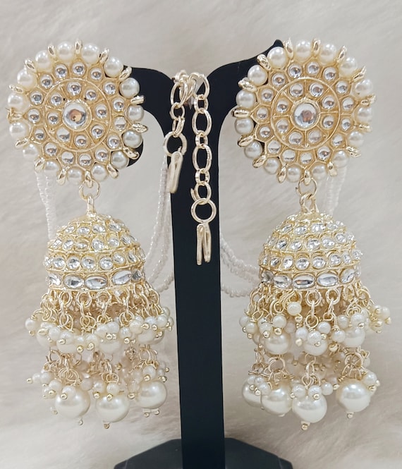 Premium Quality Pachi Kundan Precious Pearls Jhumki Earrings with Kaan Chain Set