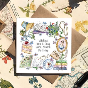 Jane Austen Birthday Card with Beautiful Hand Illustrated Regency Details from Jane's Life surrounded by Flowers, Books and Cakes | Janeite