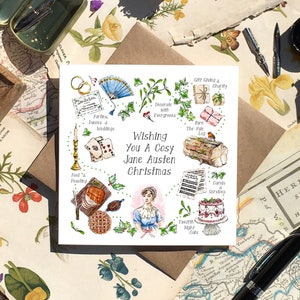 Jane Austen Christmas Card with Hand Illustrated English Regency Festive Traditions in Beautiful Watercolour Detail | Janeite Xmas Card