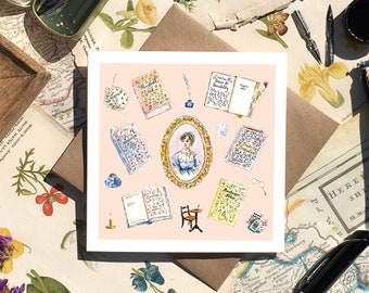 Jane Austen Card with Beautiful Illustrated Watercolour Detail | Book Lover Birthday Card or Thank You Card | Bookish Friend, Light Academia