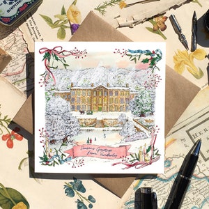 Pride and Prejudice Christmas Card with a Festive Snowy Pemberley House Hand Painted in Beautiful Watercolour and Printed on Italian Card image 1