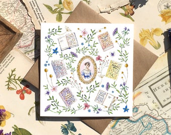 Jane Austen Card with Watercolour Illustrations of Her Books and Pretty Florals | Birthday or Thank You Card for Book Lover | Light Academia