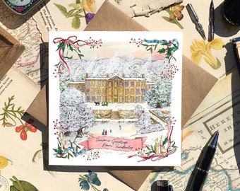 Pride and Prejudice Christmas Card with a Festive Snowy Pemberley House | Hand Painted in Beautiful Watercolour and Printed on Italian Card