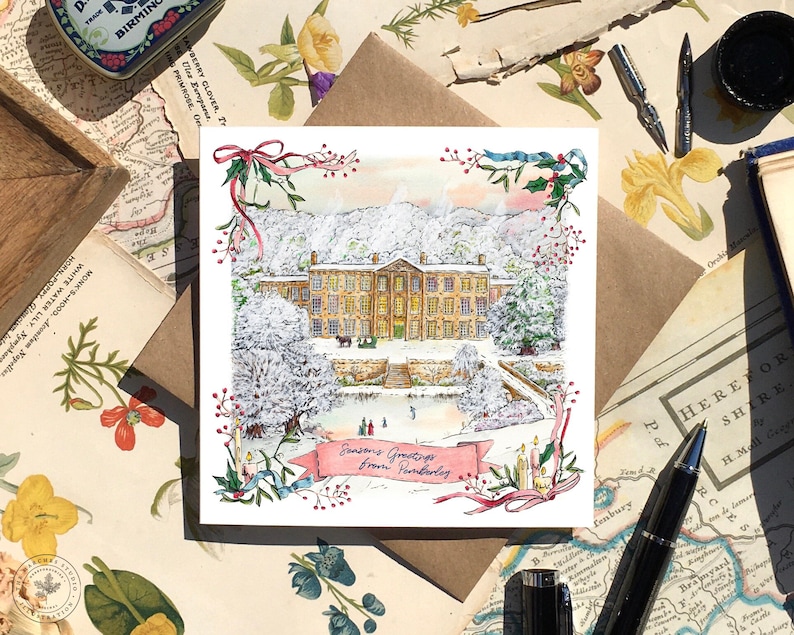 Pride and Prejudice Christmas Card with a Festive Snowy Pemberley House Hand Painted in Beautiful Watercolour and Printed on Italian Card image 1