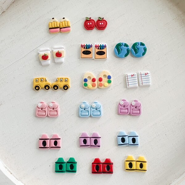 Teacher appreciation/Back to school Stud Polymer Clay Earrings.Build your own stud pack. Pencil,backpack,crayon,apple,notebook.
