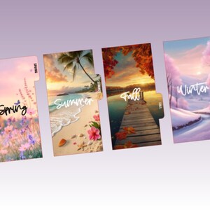 May include: Four seasonal-themed planner dividers. Spring features a floral scene with butterflies, Summer shows a beach with a palm tree, Fall depicts a dock at sunset, and Winter displays a snowy landscape.