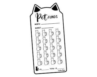 Könnte beinhalten: Schwarz-weißer druckbarer Budget-Tracker mit Katzen-Motiv. Der Tracker hat Platz für den Monat, das Budget und ein Raster mit 20 Katzen, um die Ausgaben zu verfolgen. Der Text "Pet Funds" befindet sich oben auf dem Tracker.