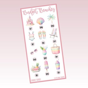 May include: A pink and white illustrated card titled "Budget Beaches" with various beach-themed images, including a sandcastle, seashell, and sunglasses. The card features a pink border and text that reads "Save $100".