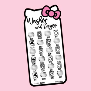 May include: A white savings tracker shaped like a cat's head with a pink bow. The text "Washer and Dryer" is at the top. It has boxes with dollar amounts and images of washers and dryers. The bottom reads "SAVE: $1200".