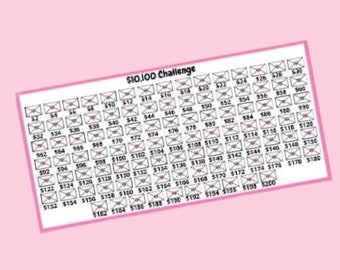May include: A black and white printable chart with the text "$10,100 Challenge" at the top. The chart is divided into 10 rows and 18 columns, with each cell containing a number from 10 to 520.