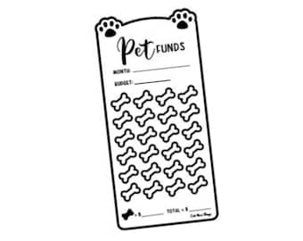 May include: Black and white printable pet budget tracker with a paw print design. The tracker has a section for the month, budget, and a grid of 40 bone icons to track spending.