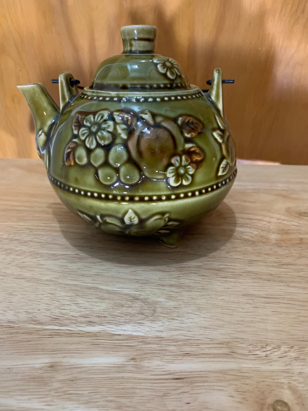 Vintage Majolica Green Japanese Teapot With Raised Fruit Etsy