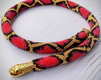 Red Python Beaded Snake Necklace: Czech Bead Choker