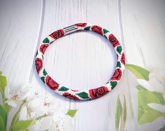 Beaded Red Rose Choker Necklace: Czech Bead Romantic Jewelry