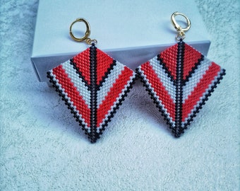 Red White Black Beaded Earrings: Geometric Miyuki Delica Jewelry