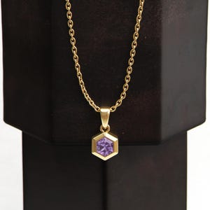 Amethyst Pendant Necklace · 18k Gold Pendant · Purple Hexagon Gemstone Necklace · Bezel Set Geometric Jewelry · February Birthstone Present
