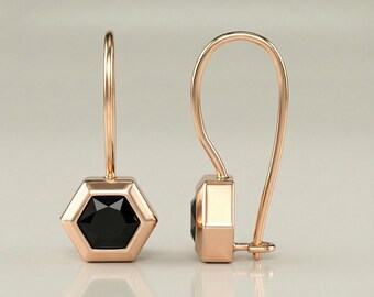 Black Onyx Dangle Earrings: Hexagon Shape, Leo Zodiac Style (18K Rose Gold)