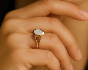 Oval Opal Ring: Natural Play-of-Color - Solid 14k Gold Bezel
