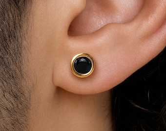 Men's Black Onyx Stud Earrings | Round 5mm Gold Studs | Minimalist Bezel Earrings