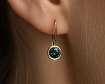 Pendientes de topacio azul: Pendientes colgantes redondos con gema - Oro vermeil de 18 quilates