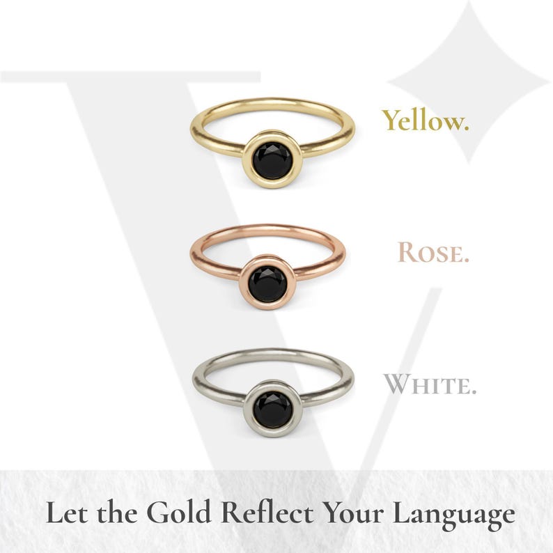 three rings with black stones, each with a different color: gold, rose, and white. The text above the rings reads "Yellow. Rose. White." and below the rings, it says "Let the Gold Reflect Your Language."