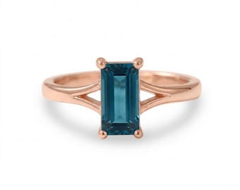 London Blue Topaz Ring: Baguette Cut, 18k Rose Gold Vermeil