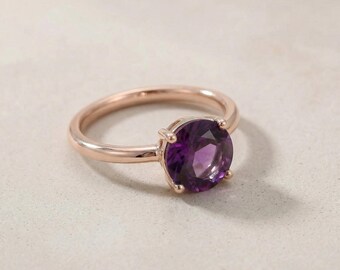 Amethyst Elegant Ring: Round Purple Gemstone - 18k Rose Gold Vermeil