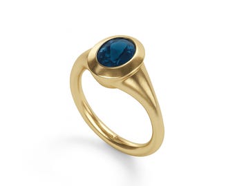 London Blue Topaz Ring - Minimal Gold Bezel Oval Stone