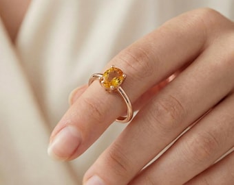 18k Rose Gold Vermeil Citrine Ring, Minimalist Stackable Oval Prong Jewelry