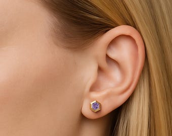 Hexagon Amethyst Stud Earrings: 5mm Natural February Birthstone