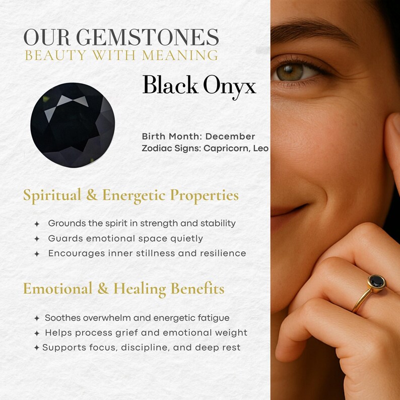The image is a collage featuring a close-up of a person's face, a black onyx gemstone, and a description of the gemstone's properties and benefits.
