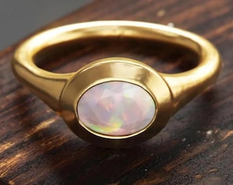 October Birthstone Opal Ring, Solid Gold Bezel (Oval, Sizes 3-15)