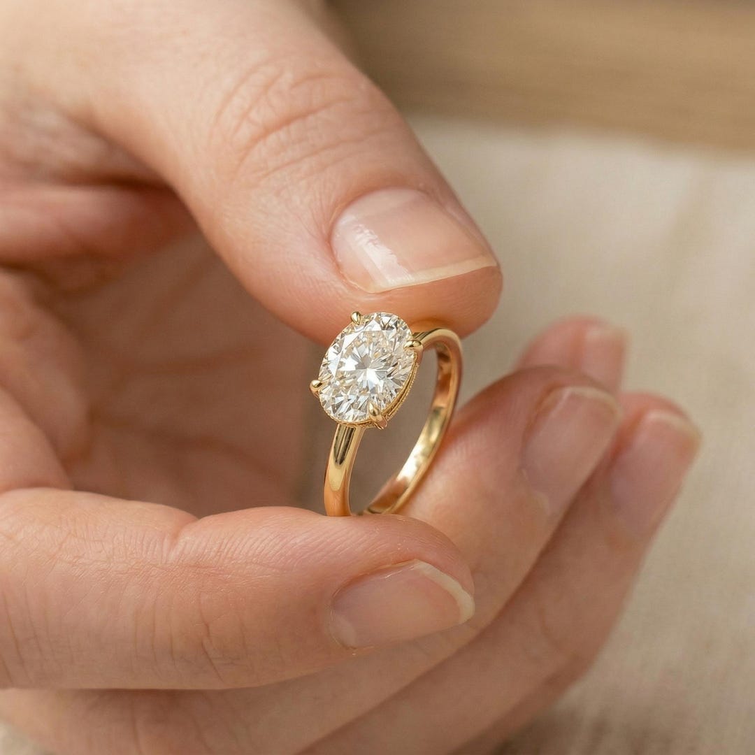 Oval Diamond Ring Horizontal, 18k Solid Yellow Gold (april Birthstone ...