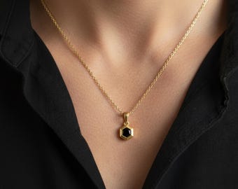 Men’s Onyx Pendant: Hexagon Black Stone - Yellow Gold Finish