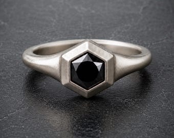 Mens Black Onyx Ring, Sterling Silver Hexagon Ring, Handmade Minimalist Ring