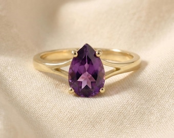 Pear Amethyst Ring: 18k Yellow Gold, February Birthstone