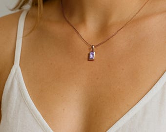 Rose Gold Amethyst Necklace - Baguette Cut, Healing Jewelry