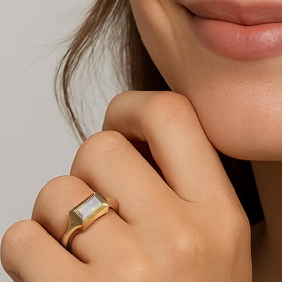 October Birthstone Baguette Opal Ring, 14k 18k Solid Yellow Rose