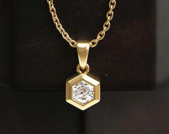 Diamond Necklace: Hexagon Bezel Pendant - 18k Solid Gold Chain