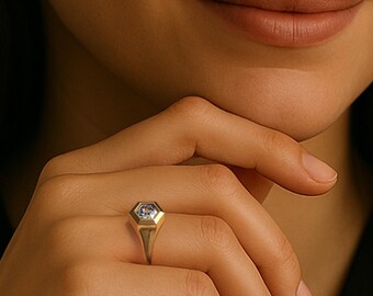 Hexagon Diamond Ring - Natural Stone in Solid 18k Gold