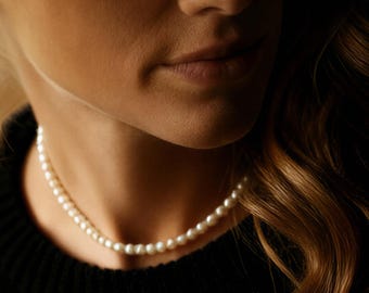 Freshwater Pearl Necklace: Dainty White Pearls - Gold Hook Clasp